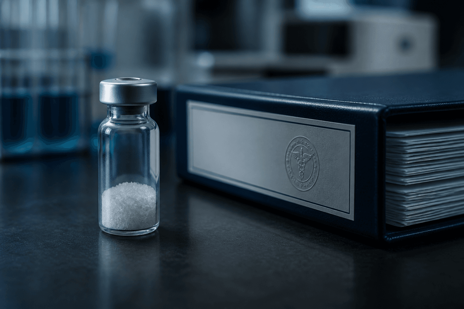 Research peptide vial beside laboratory documentation. Research use only.