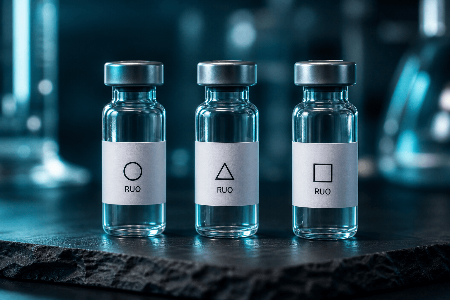 Three research-use-only vials. Laboratory context. Not for human use.
